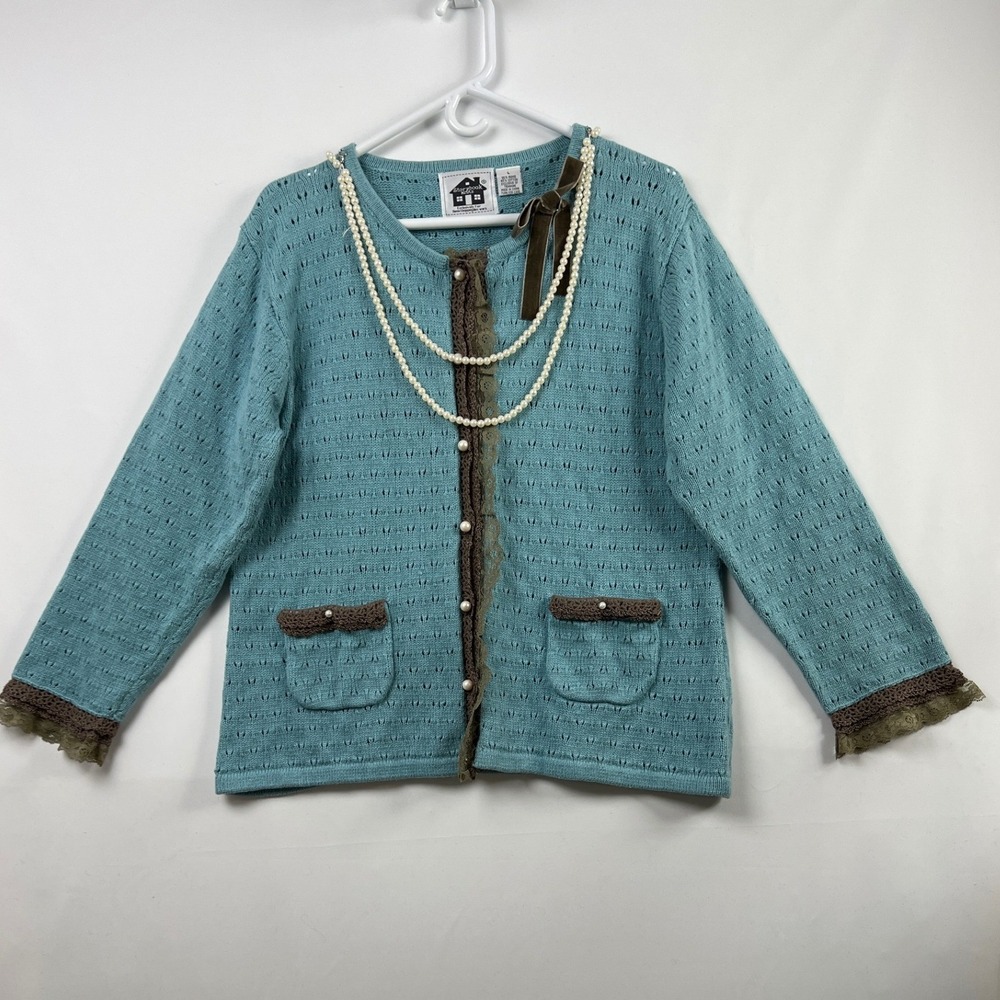 Storybook Knits Cardigan Womens Large Aqua Blue Faux Pearl Lace Grandmacore